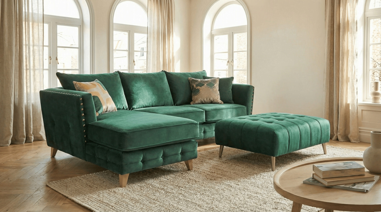 Emerald green chaise sofa in a bright neutral living room with arched windows