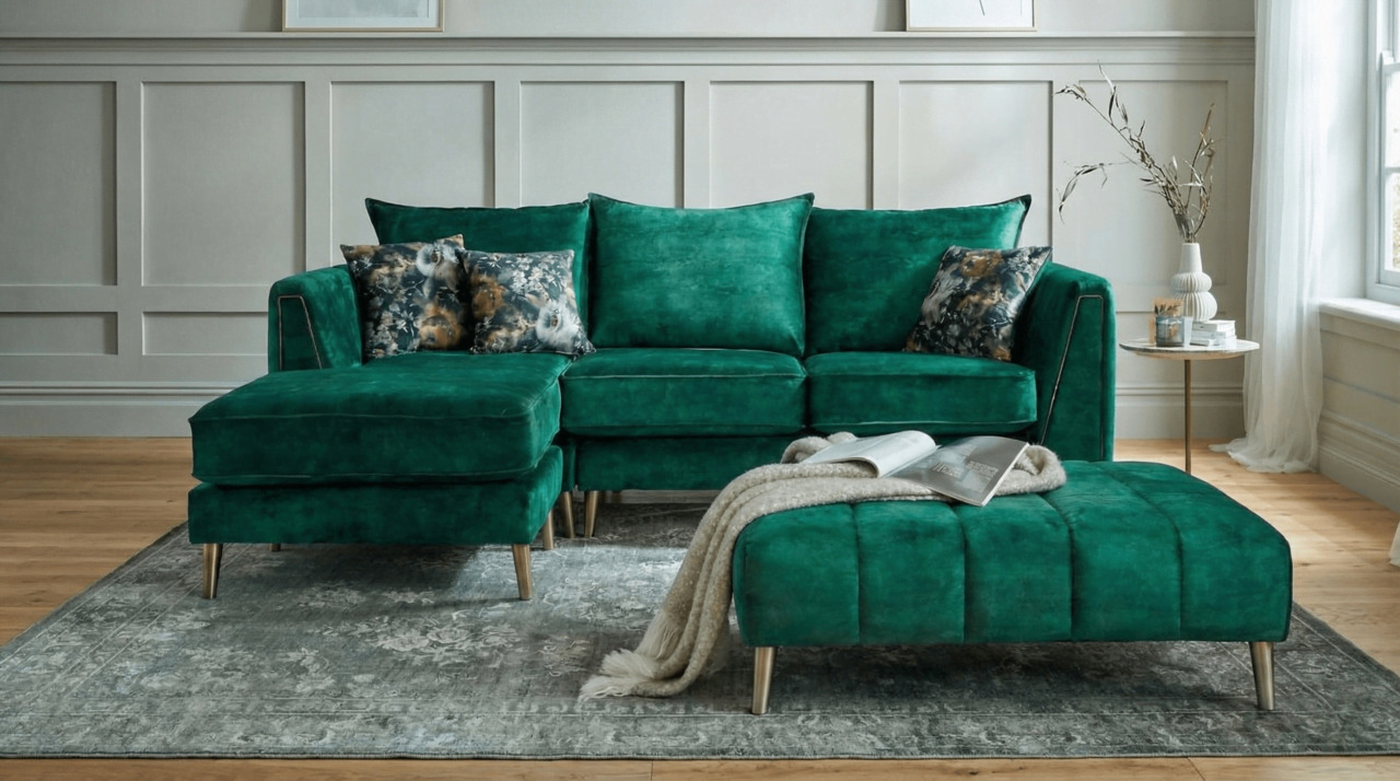 Emerald green corner sofa with matching footstool in a bright neutral living room