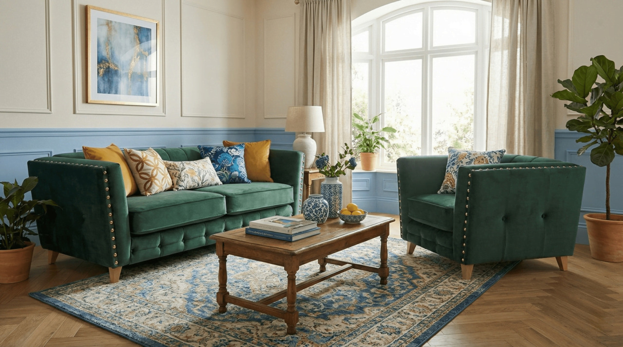 Emerald green sofa and armchair with blue and yellow cushions in a classic panelled room
