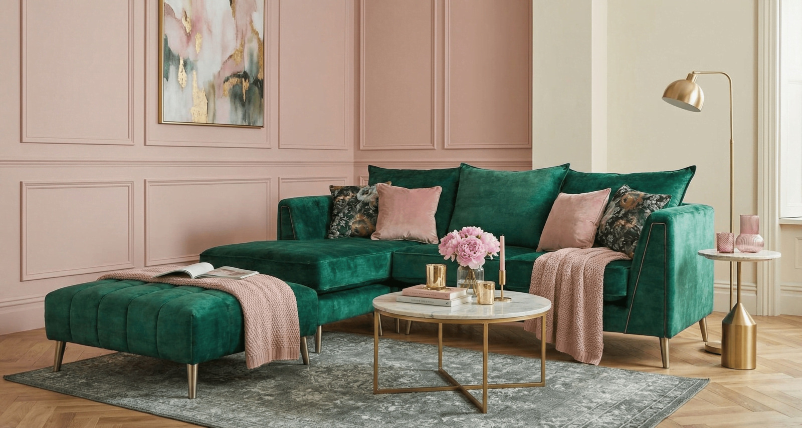 Emerald green corner sofa with blush decor