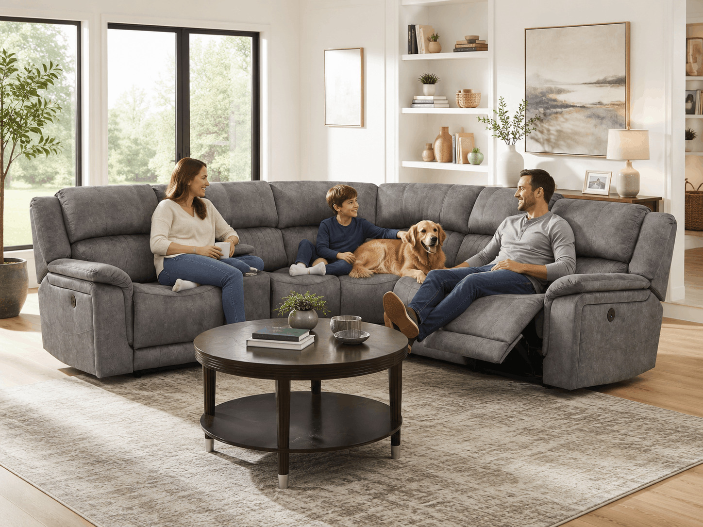 Family-friendly grey corner sofa with a child and dog