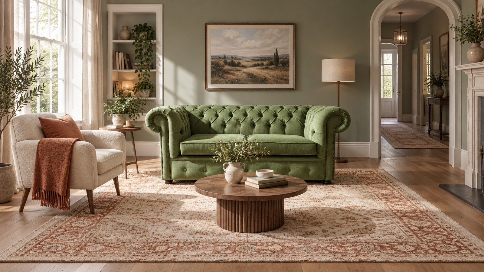 green chesterfield sofa and two armchairs on a large rug