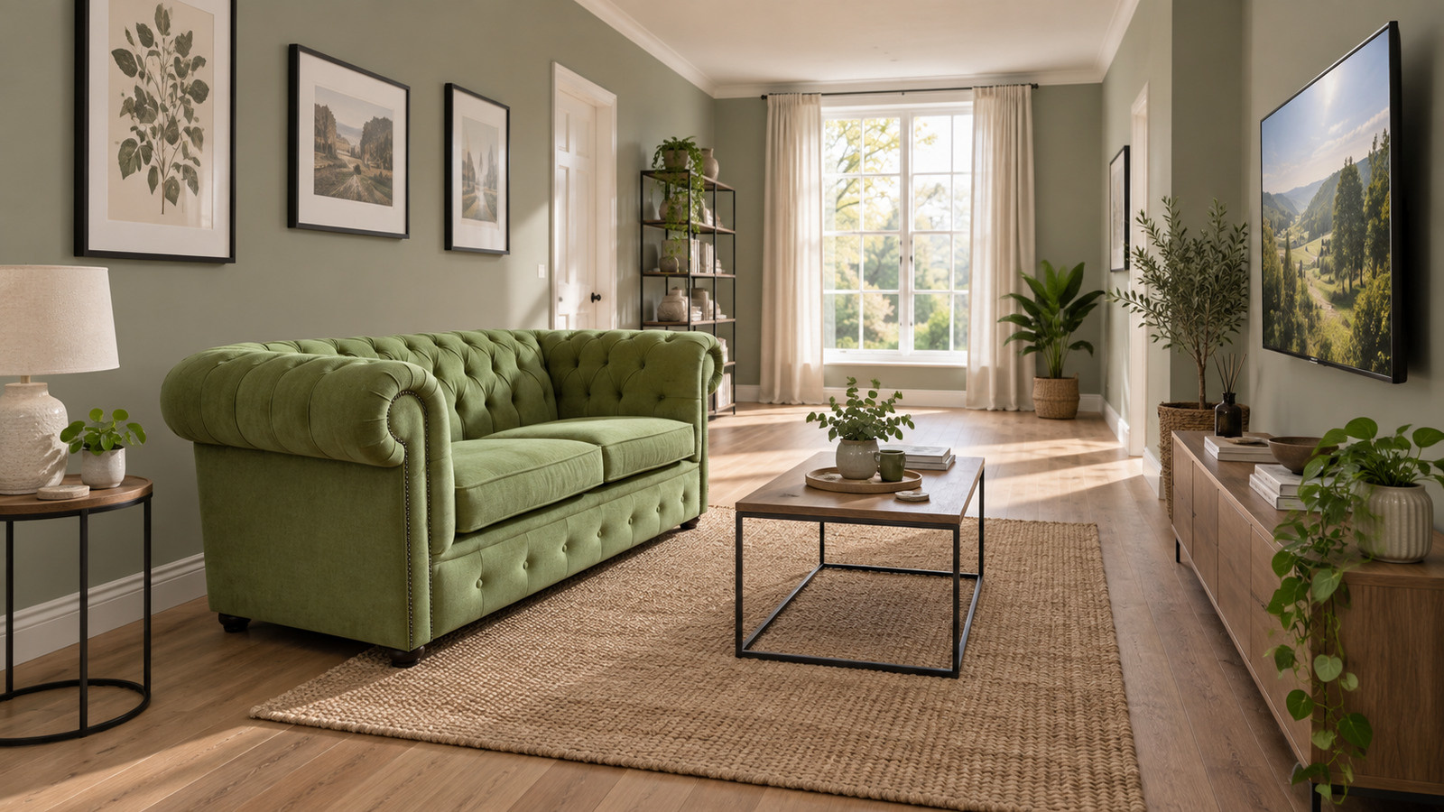 green chesterfield sofa facing a television on the long wall