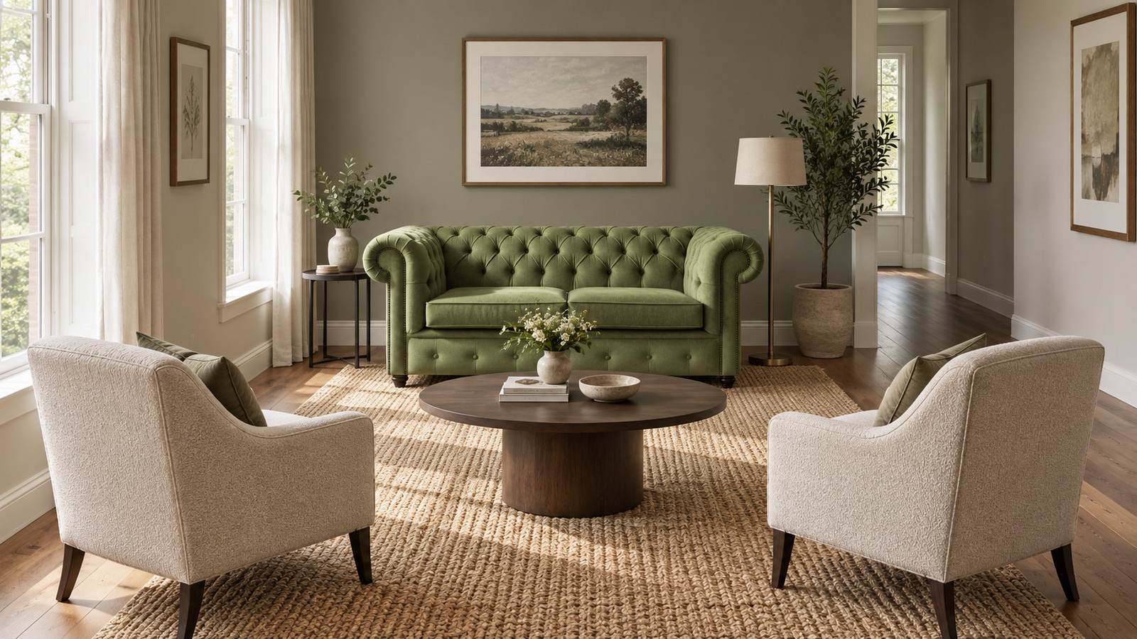  green chesterfield sofa facing two armchairs in a long living room