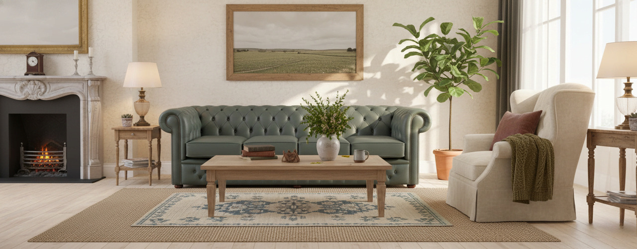 Green Chesterfield Sofa in a Classic Living Room
