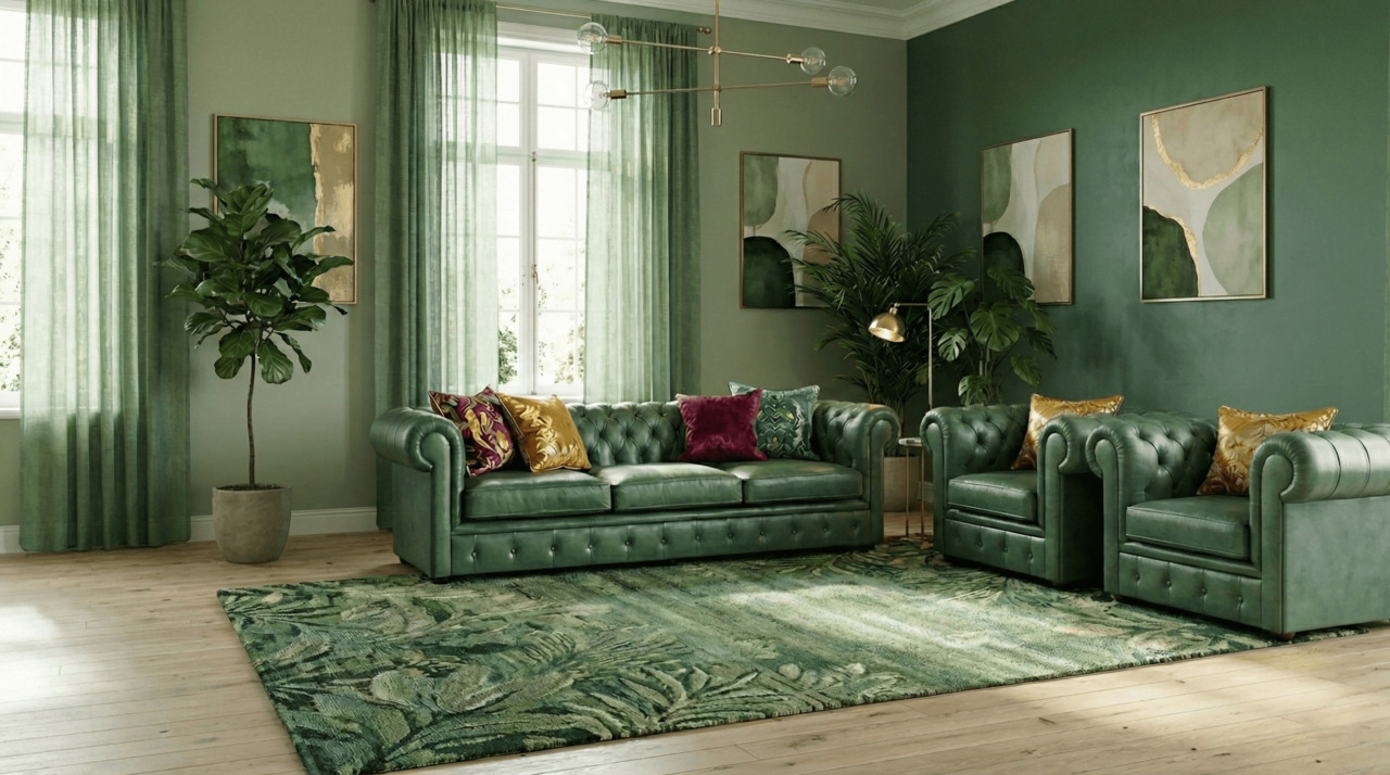 Green Chesterfield sofa set in a bright green living room with botanical decor