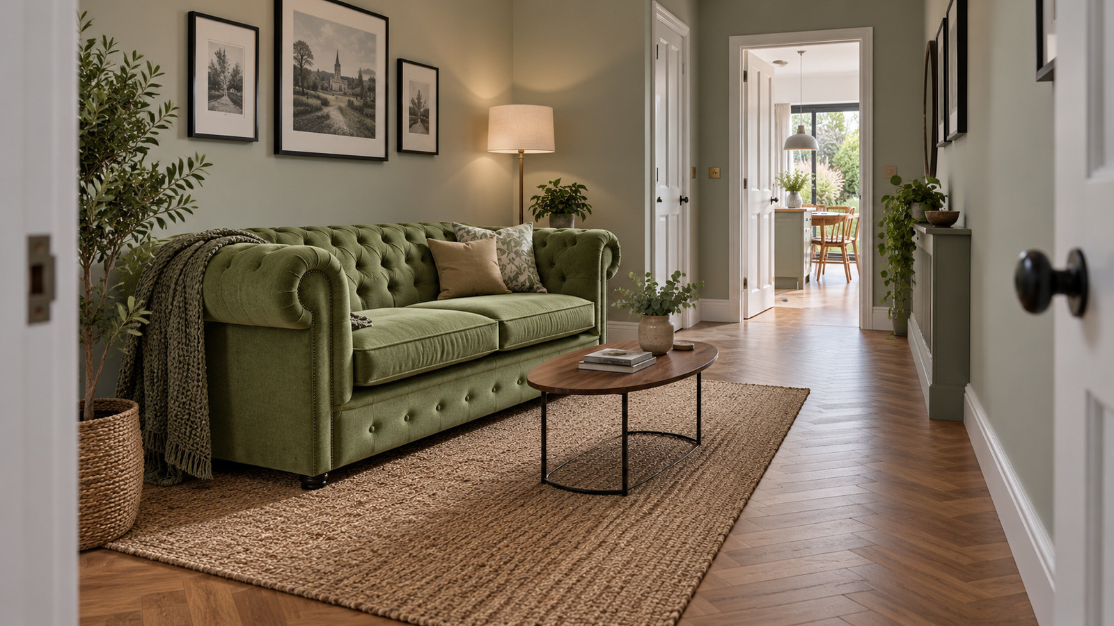 green chesterfield sofa with a clear route between doors