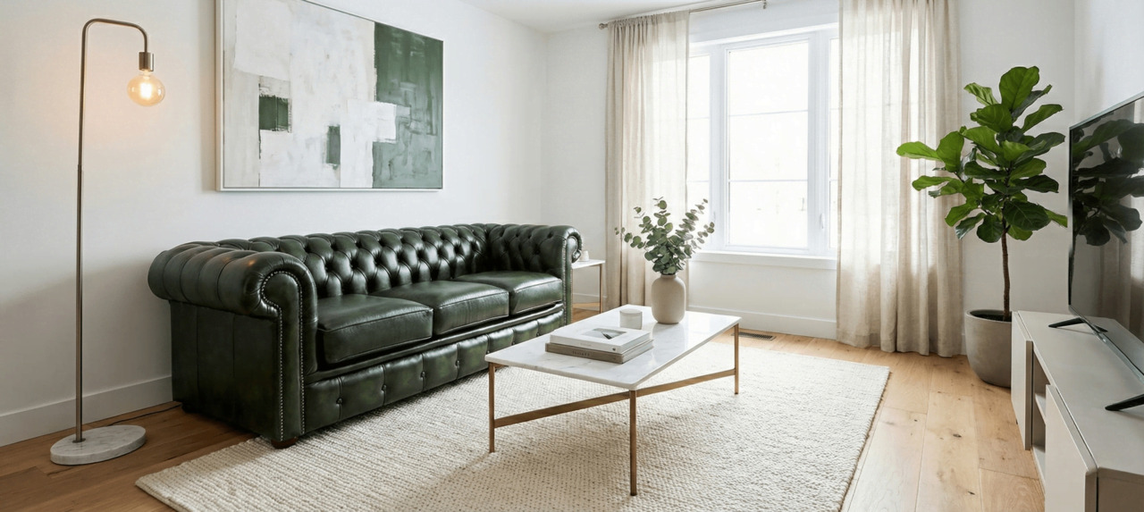 Green leather Chesterfield sofa in a bright minimalist living room with light curtains and a marble coffee table