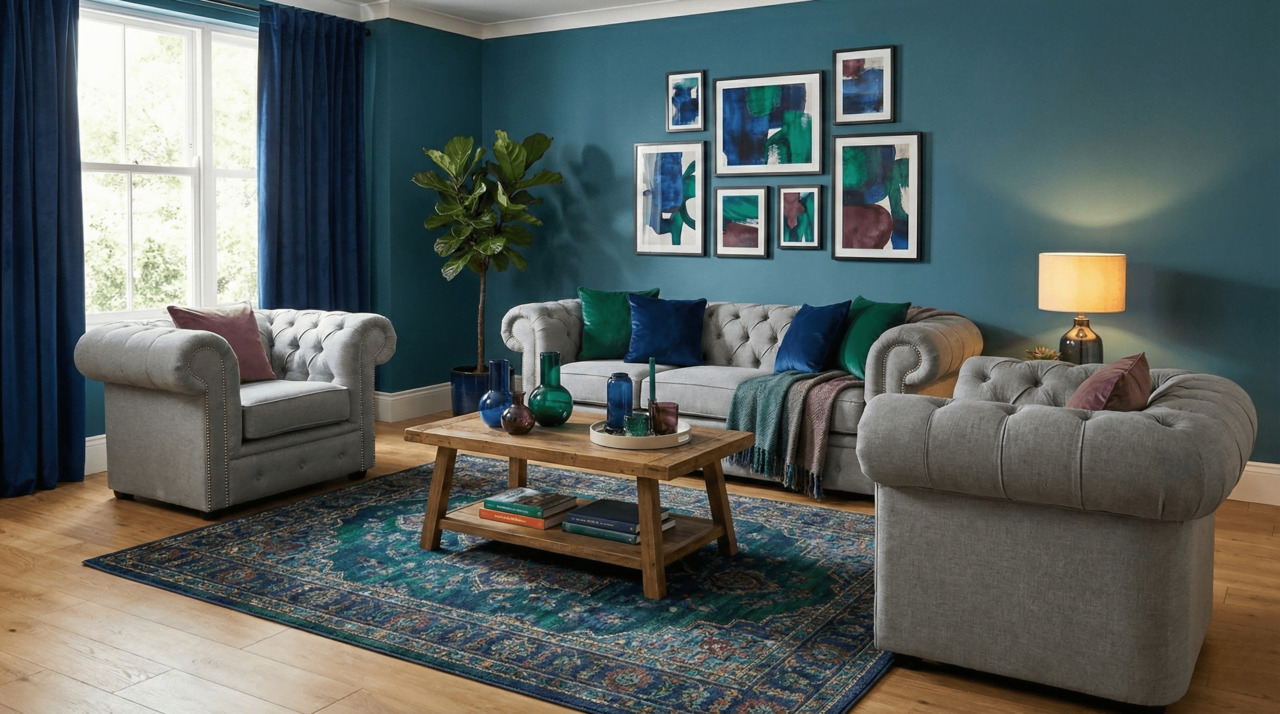 Grey Chesterfield in Blue Living Room