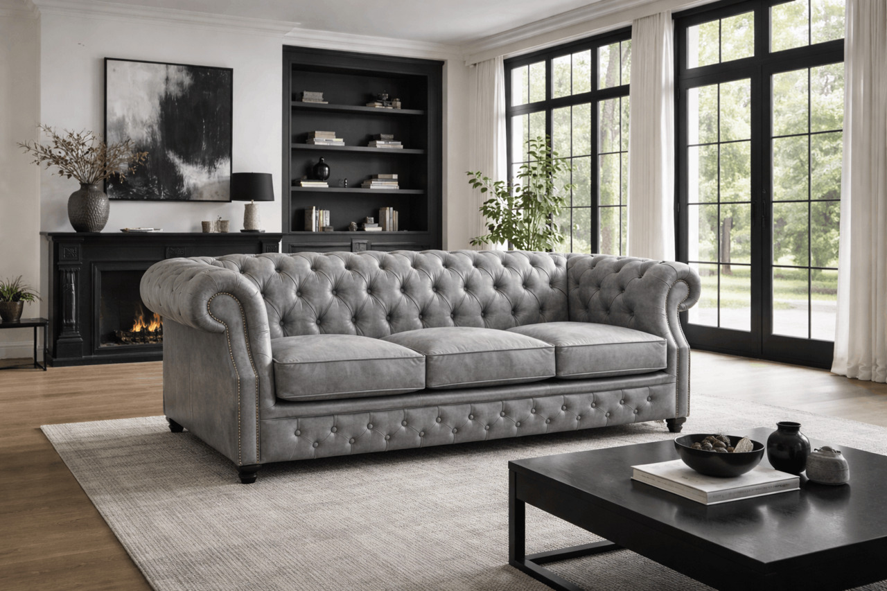 Grey chesterfield sofa with black living room accents