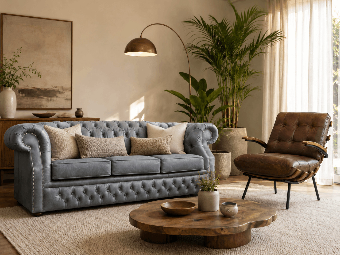 Grey Chesterfield sofa with a brown leather armchair
