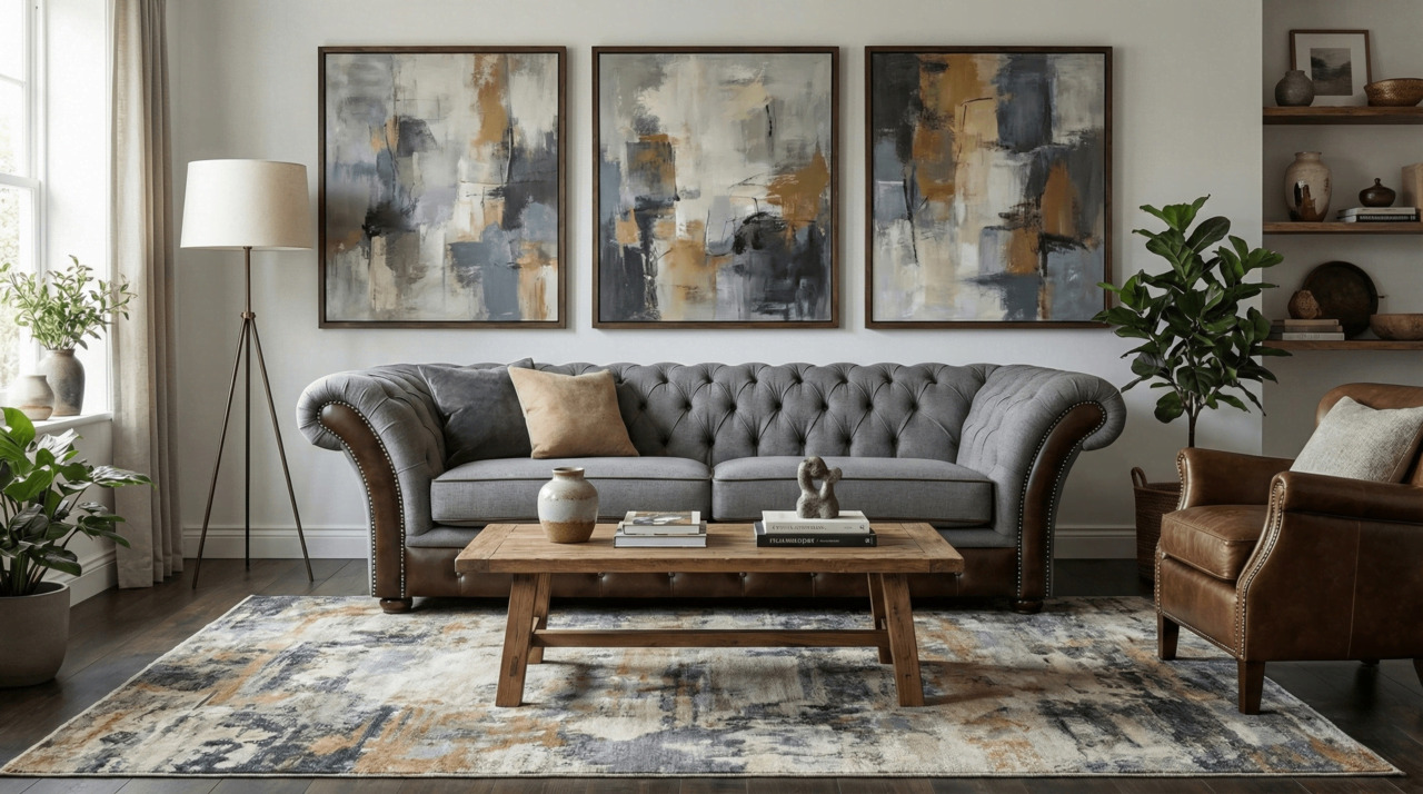 Grey Chesterfield with Brown Leather Chair