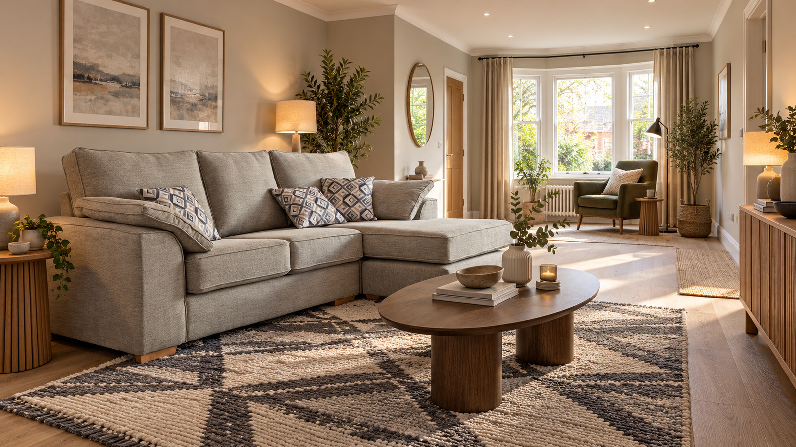grey corner sofa and reading chair in a balanced long living room