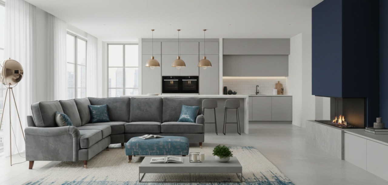 Grey corner sofa in an open plan room with blue feature wall