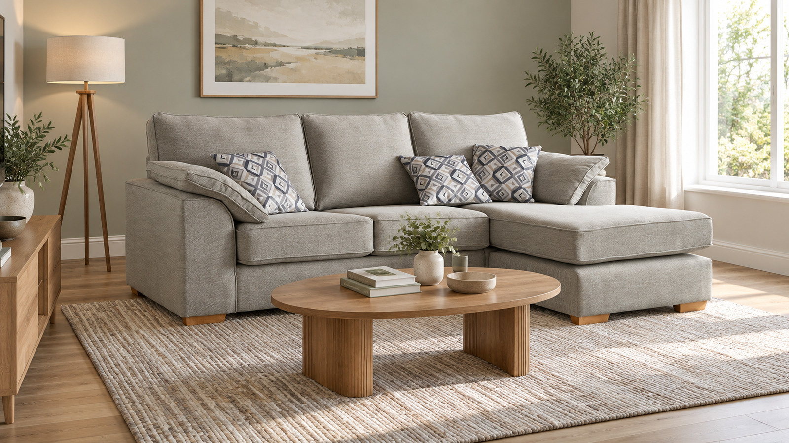 grey corner sofa with chaise in a bright long living room
