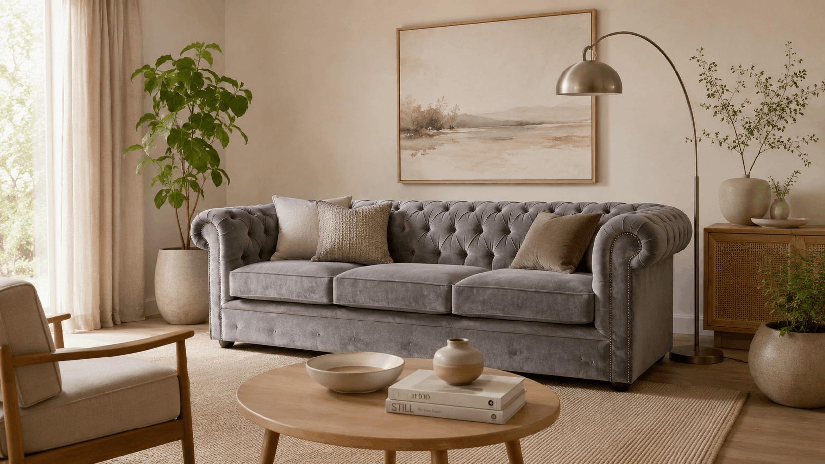 grey-fabric-chesterfield-sofa-in-organic-mid-century-living-room
