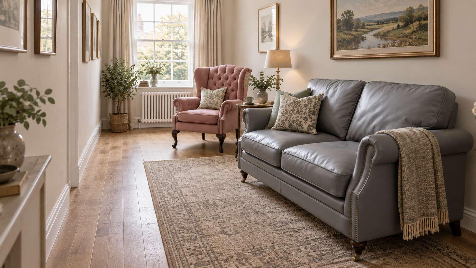 grey leather sofa and pink armchair in a narrow living room