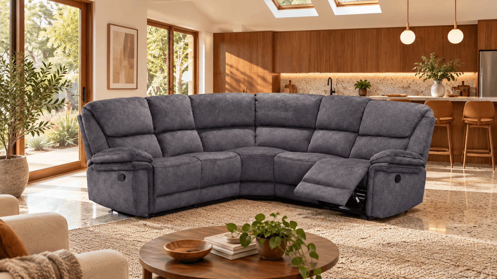 Grey reclining corner sofa in an open-plan
