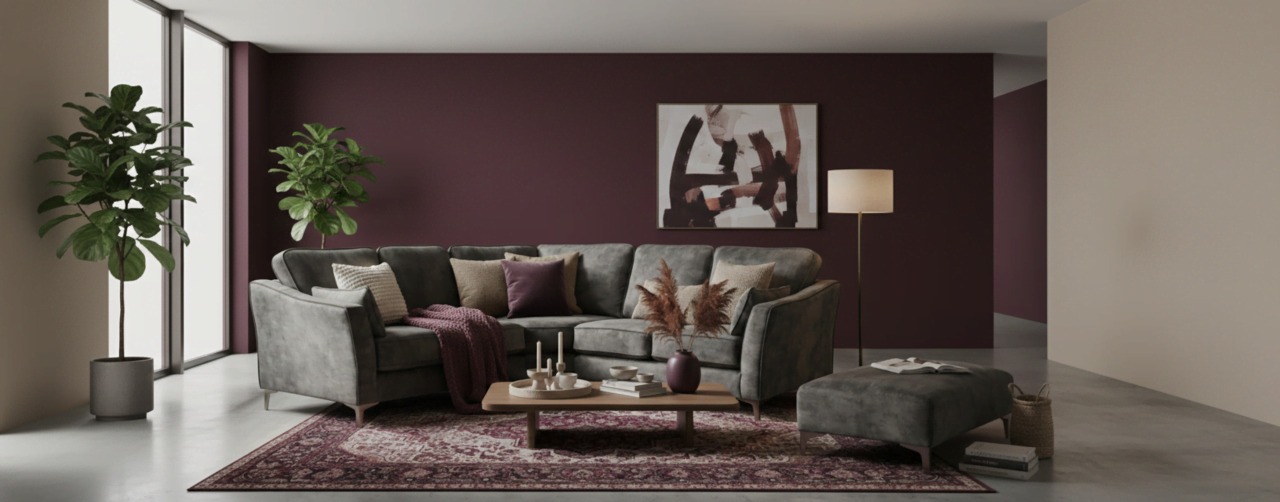 Grey sofa with a deep plum feature wall and burgundy rug
