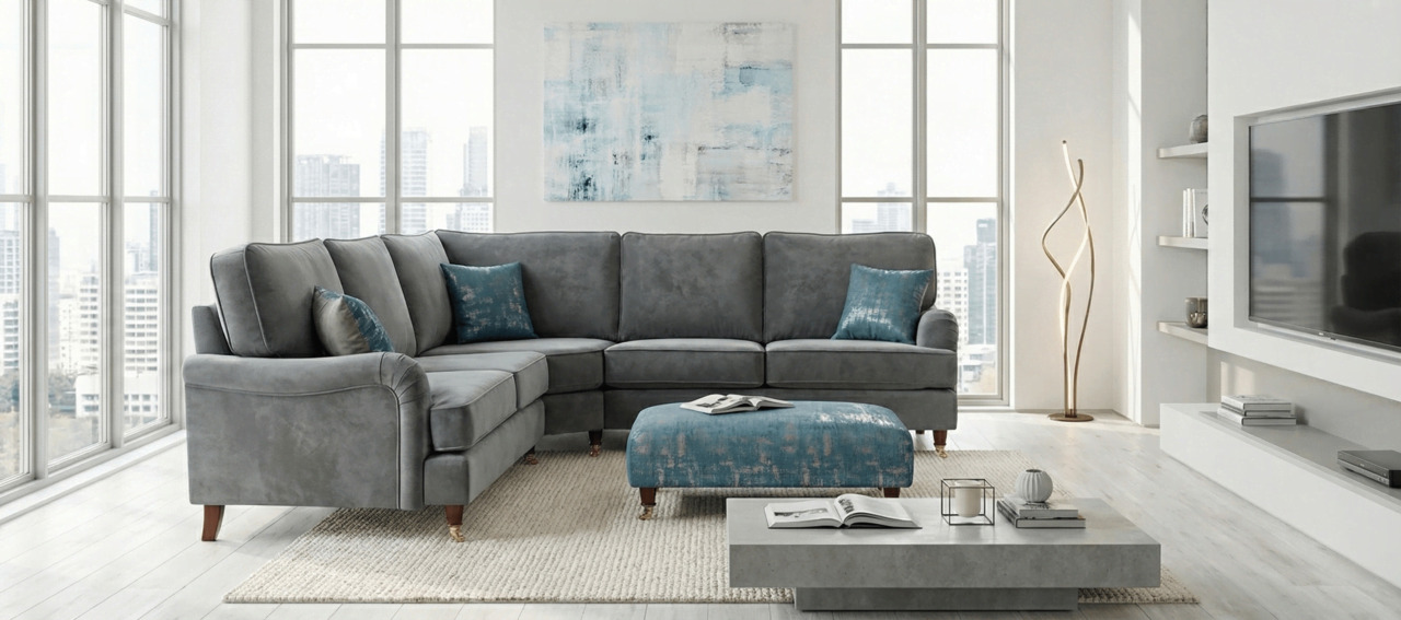 Grey velvet corner sofa in a modern living room