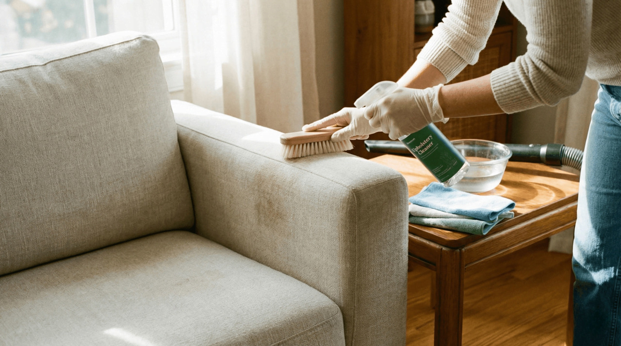 Hand cleaning a fabric sofa arm