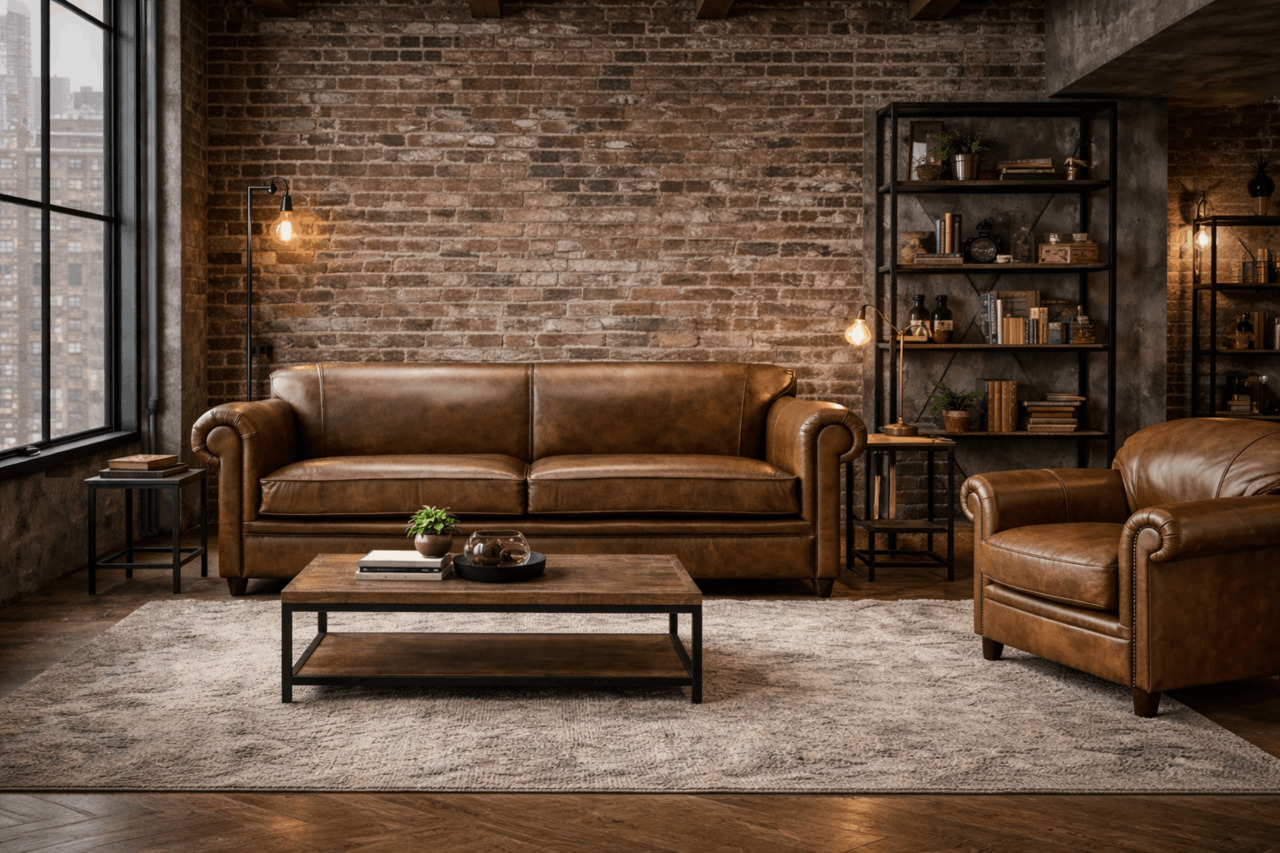 Industrial loft living room with tan leather sofa and brick wall