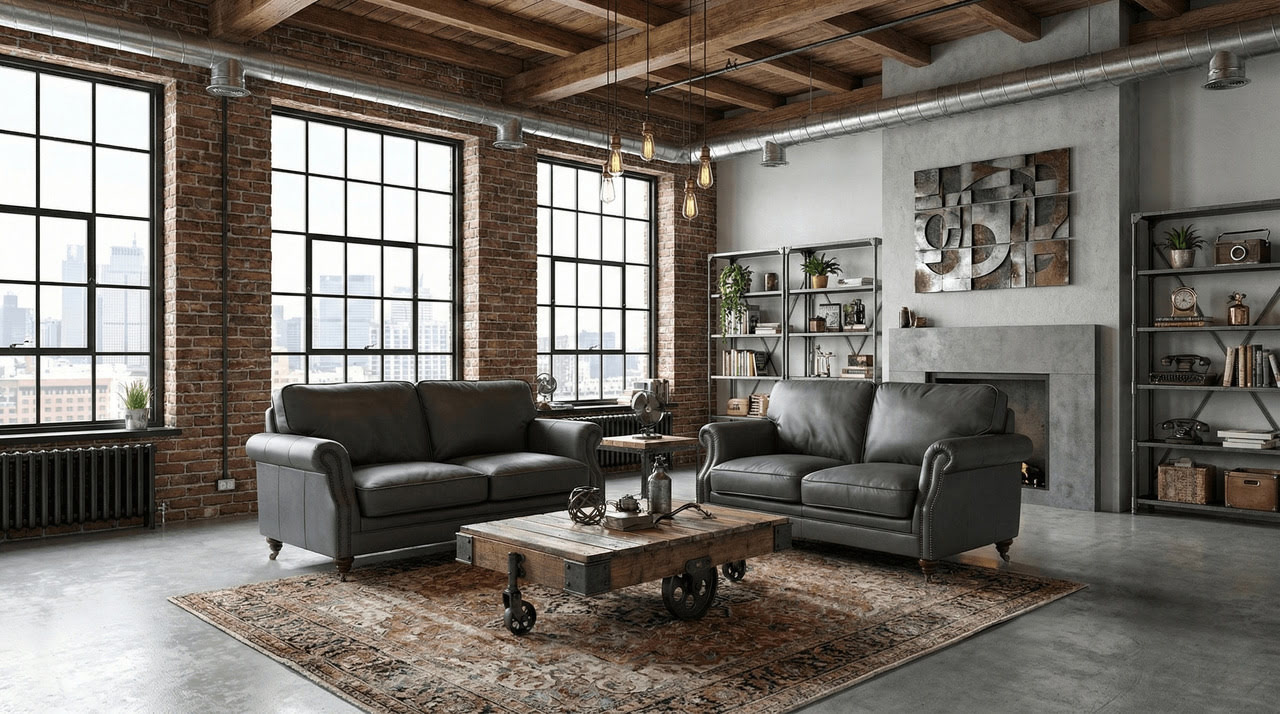 Industrial Loft with Grey Leather Sofas