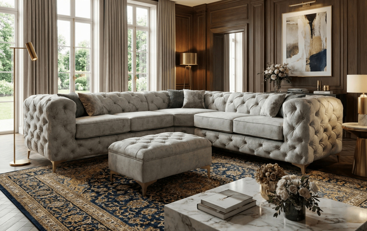 Large grey tufted corner sofa in a classic living room