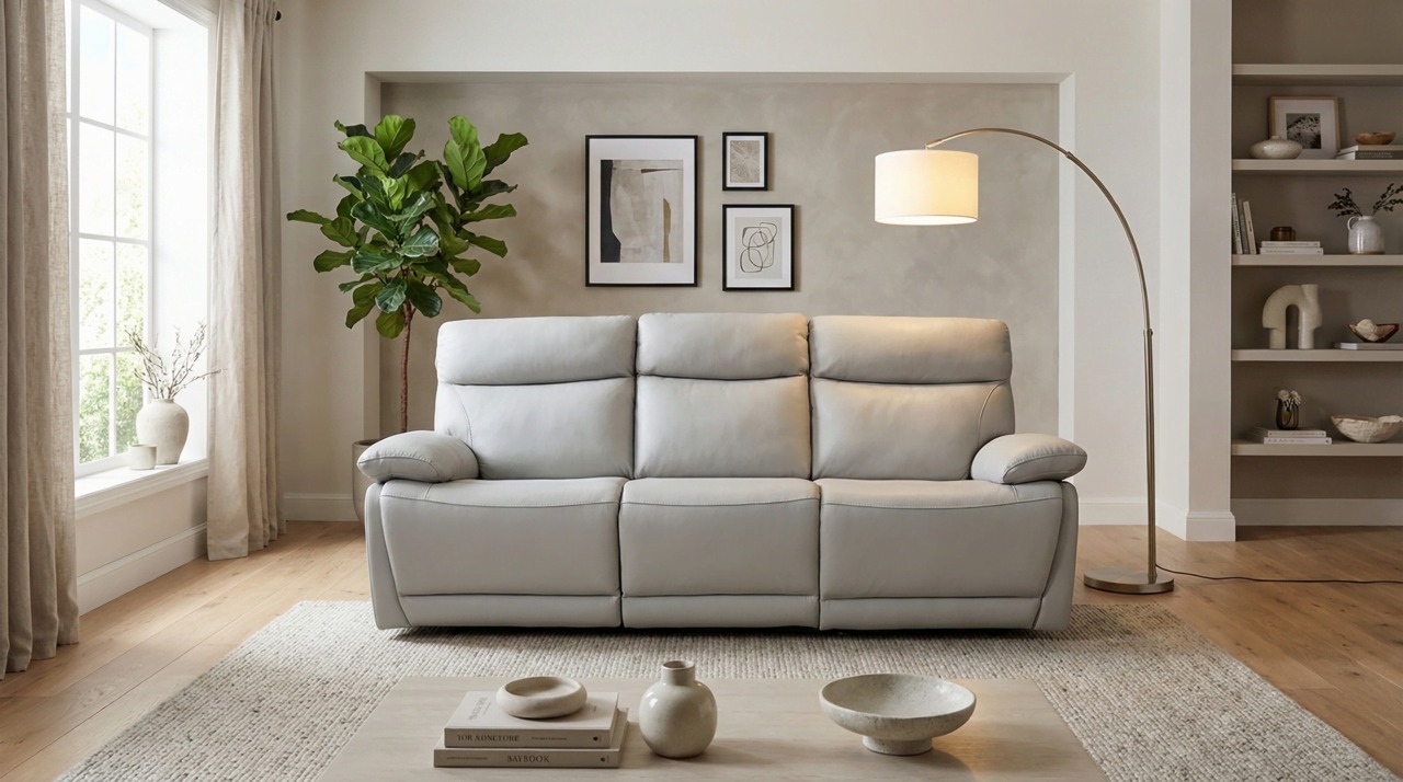 Leather recliner sofa with fold-down backrest and removable armrests