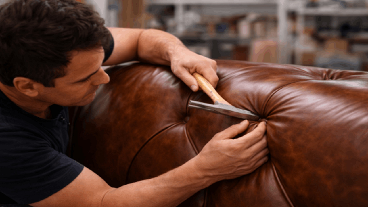 Leather sofa tufting process close-up during reupholstery