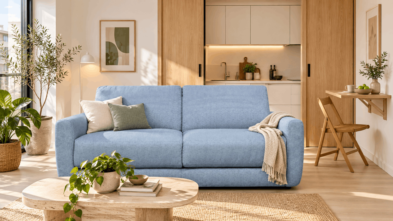 Light blue sofa in a compact kitchen-living room