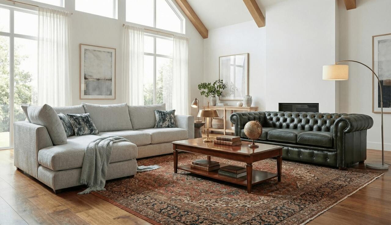 Light Corner Sofa with Leather Chesterfield