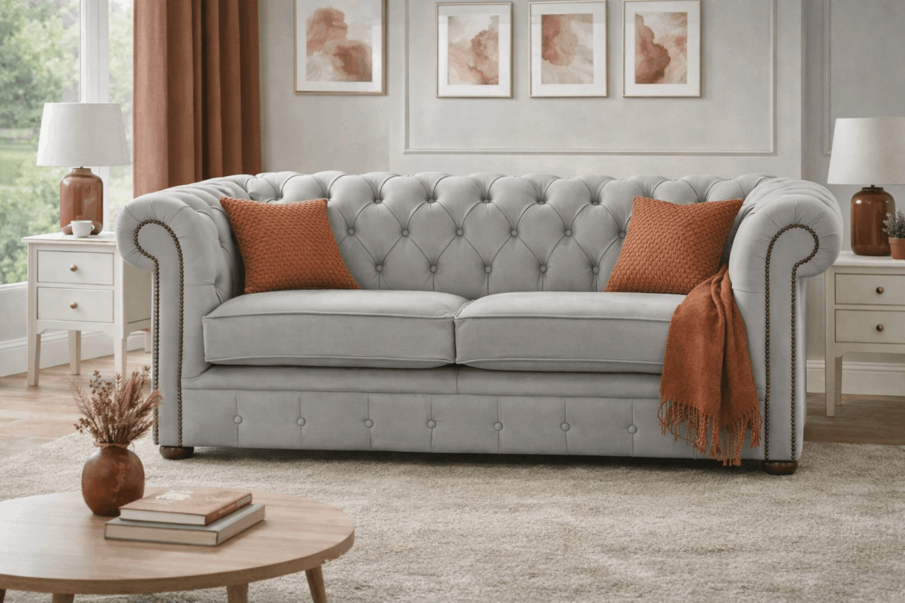 Light grey chesterfield sofa with terracotta accents