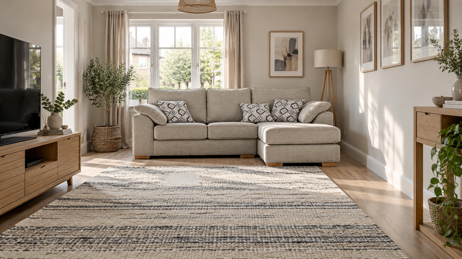 light grey corner sofa facing a television in a long living room