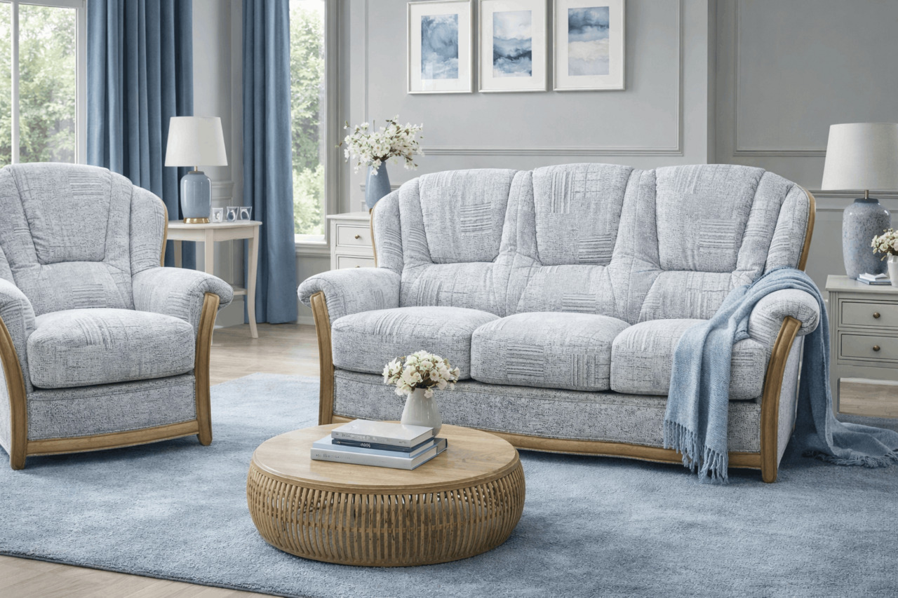 Light grey sofa with dusty blue accents
