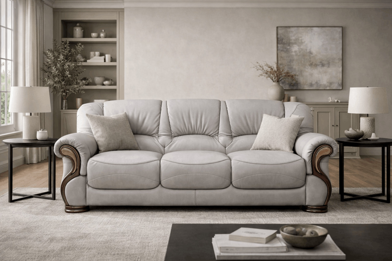 Light grey sofa with wooden accents in neutral living room