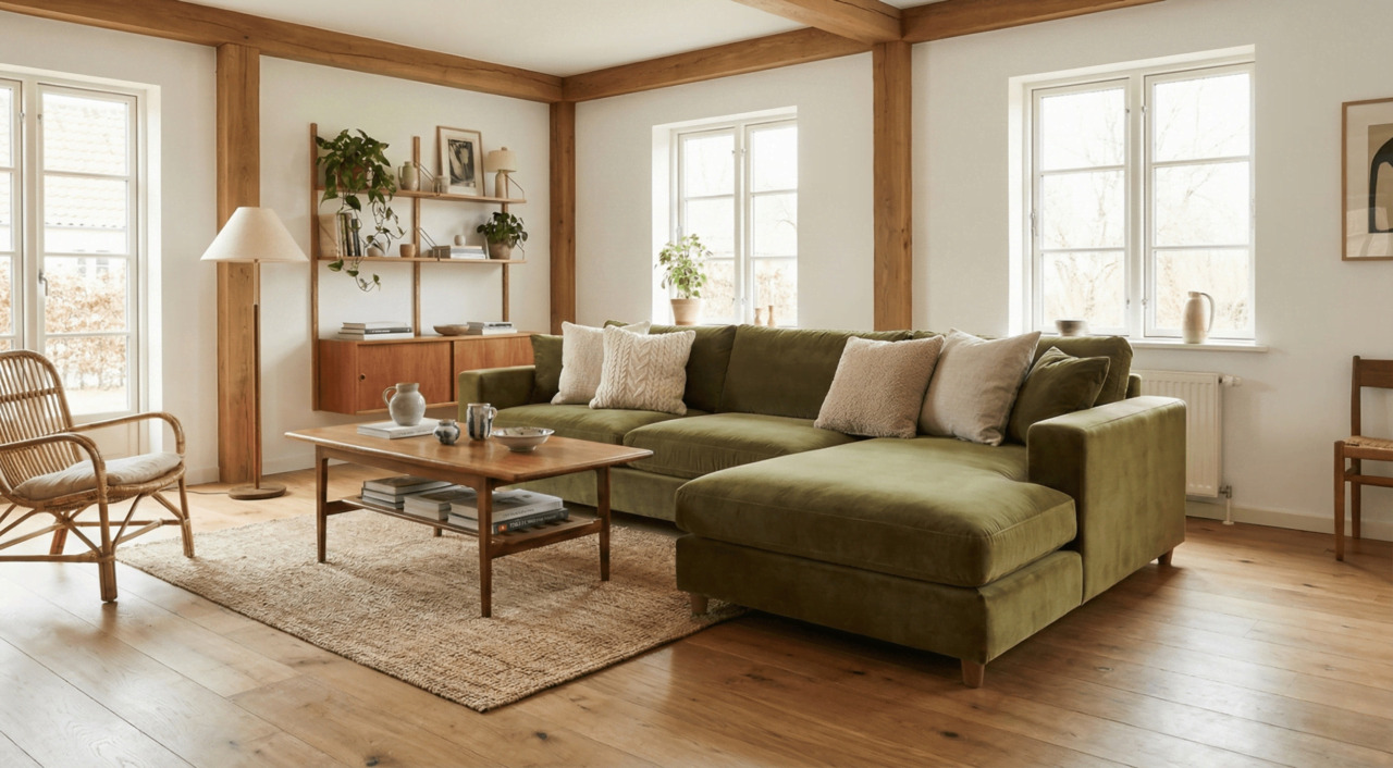Light olive green corner sofa with natural wood and cream accents