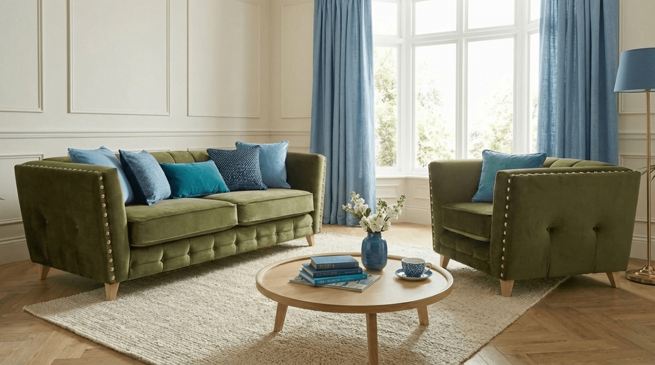 Light olive green sofa with blue and teal accents