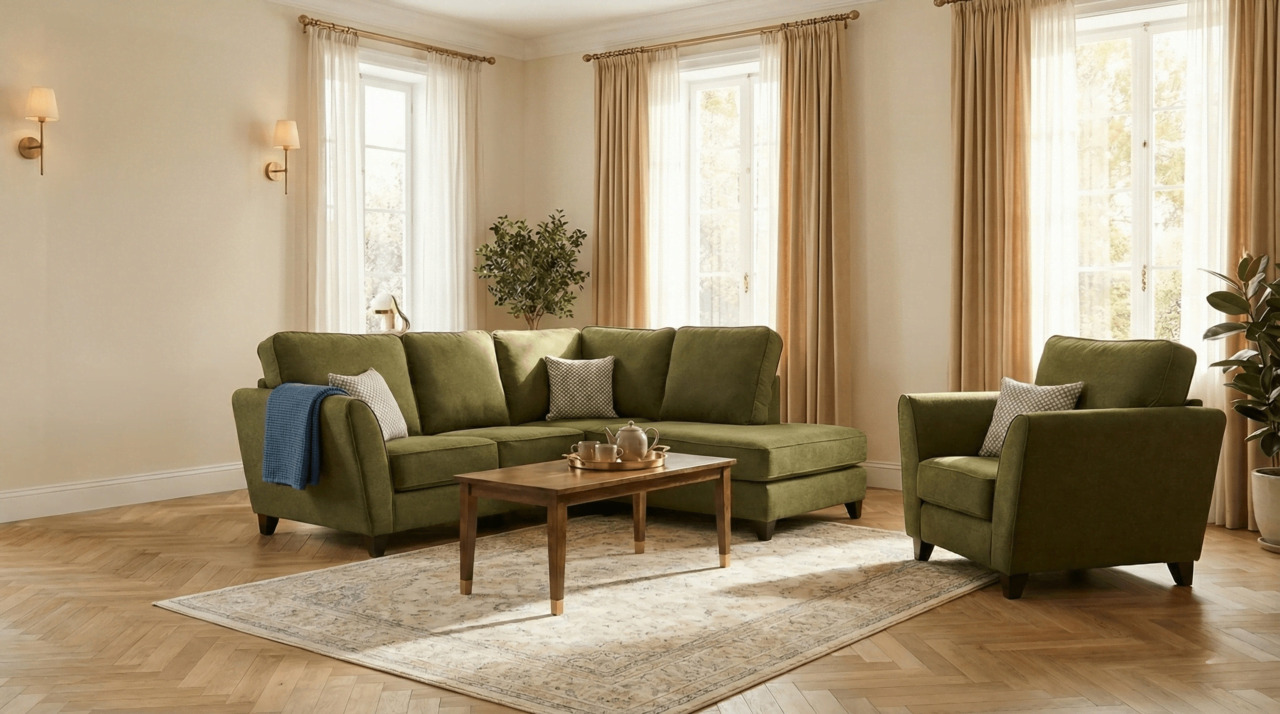 Light olive green sofa with neutral beige accents