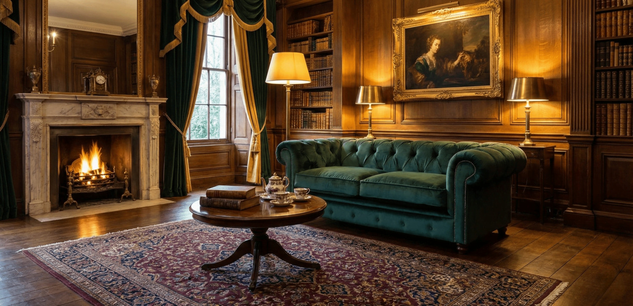 Luxurious library with a green Chesterfield sofa and marble fireplace