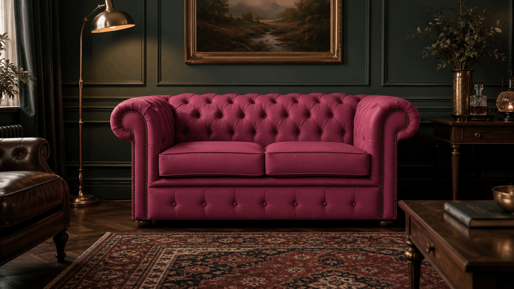 Magenta two-seater Chesterfield sofa in a dark green room