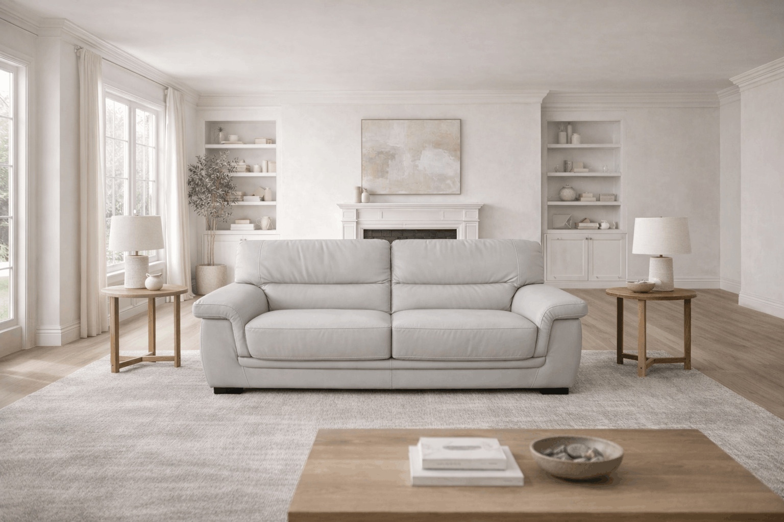 Minimal living room with light grey sofa