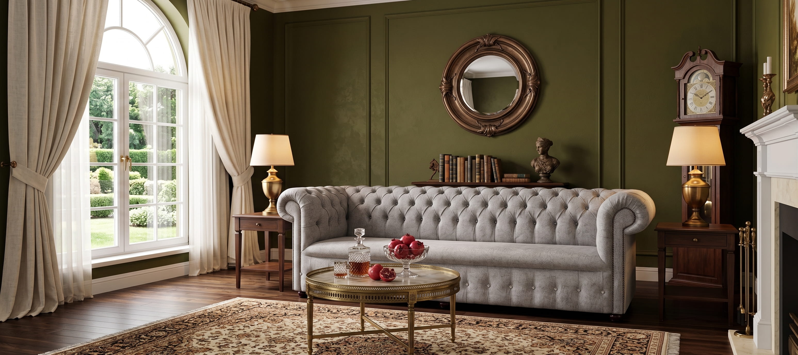 Chesterfield sofa with olive green walls