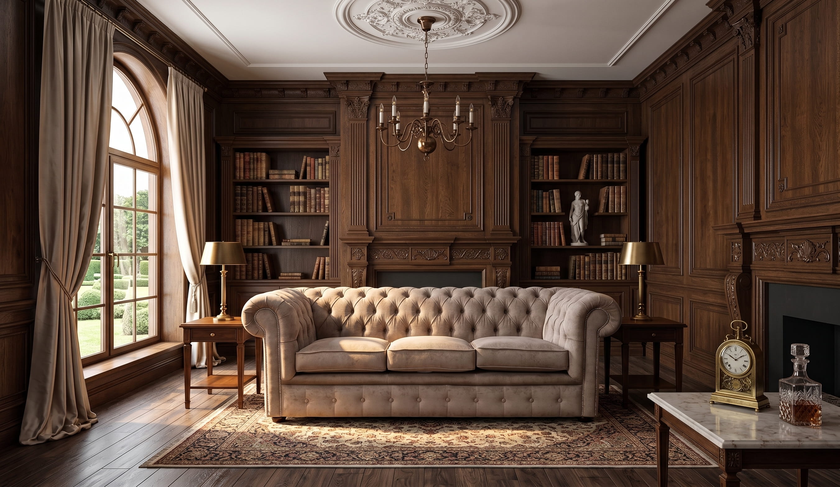 Mink Chesterfield sofa in a traditional dark wood interior