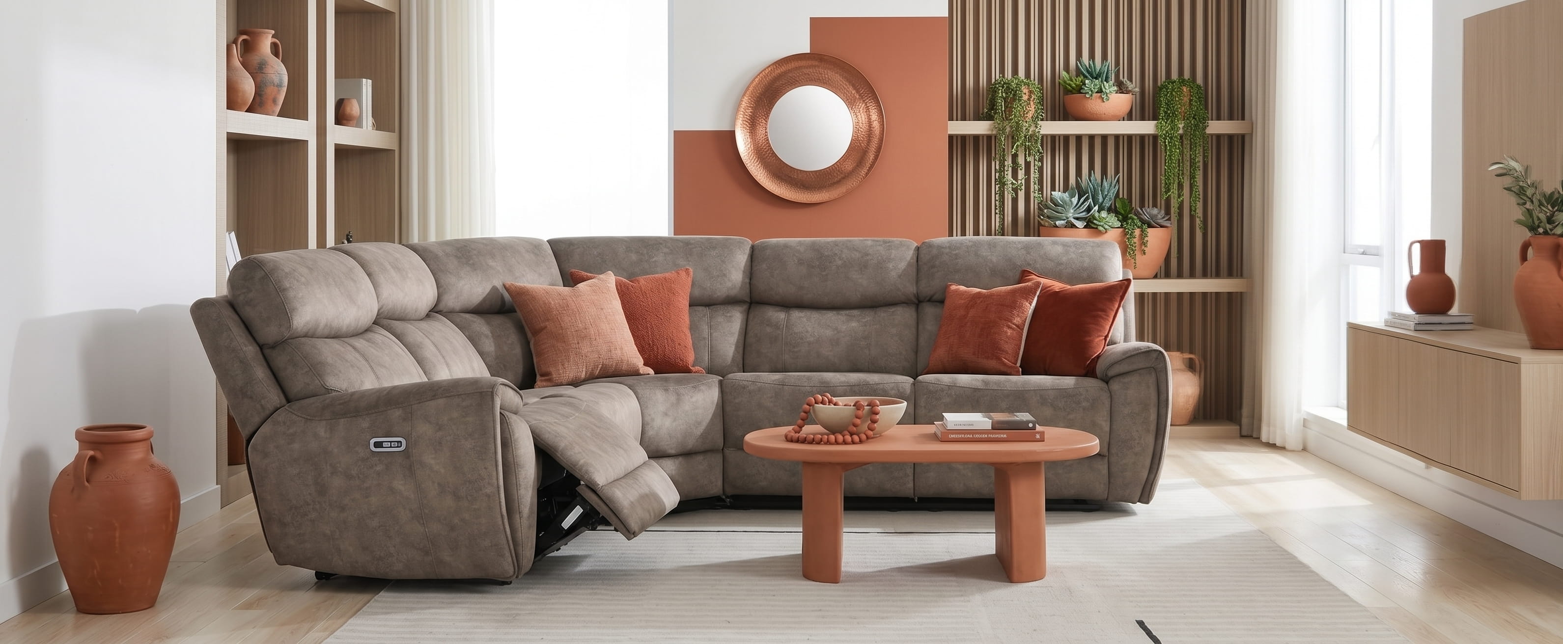 Mink corner recliner sofa with terracotta accents