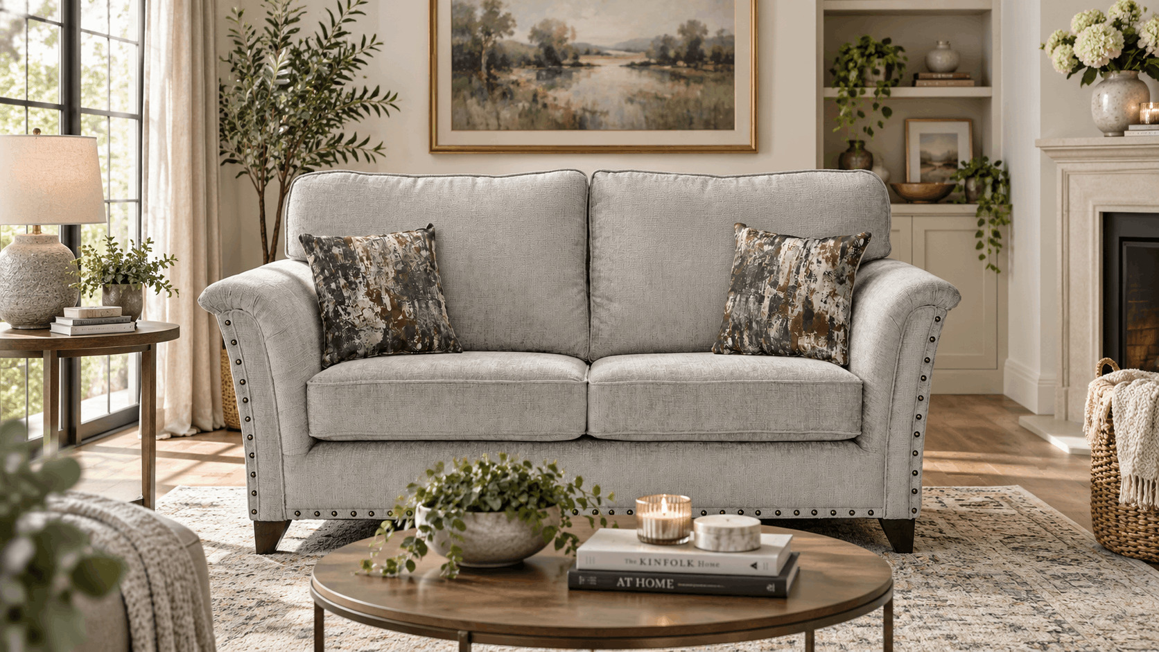 Mink fabric sofa in a neutral living room