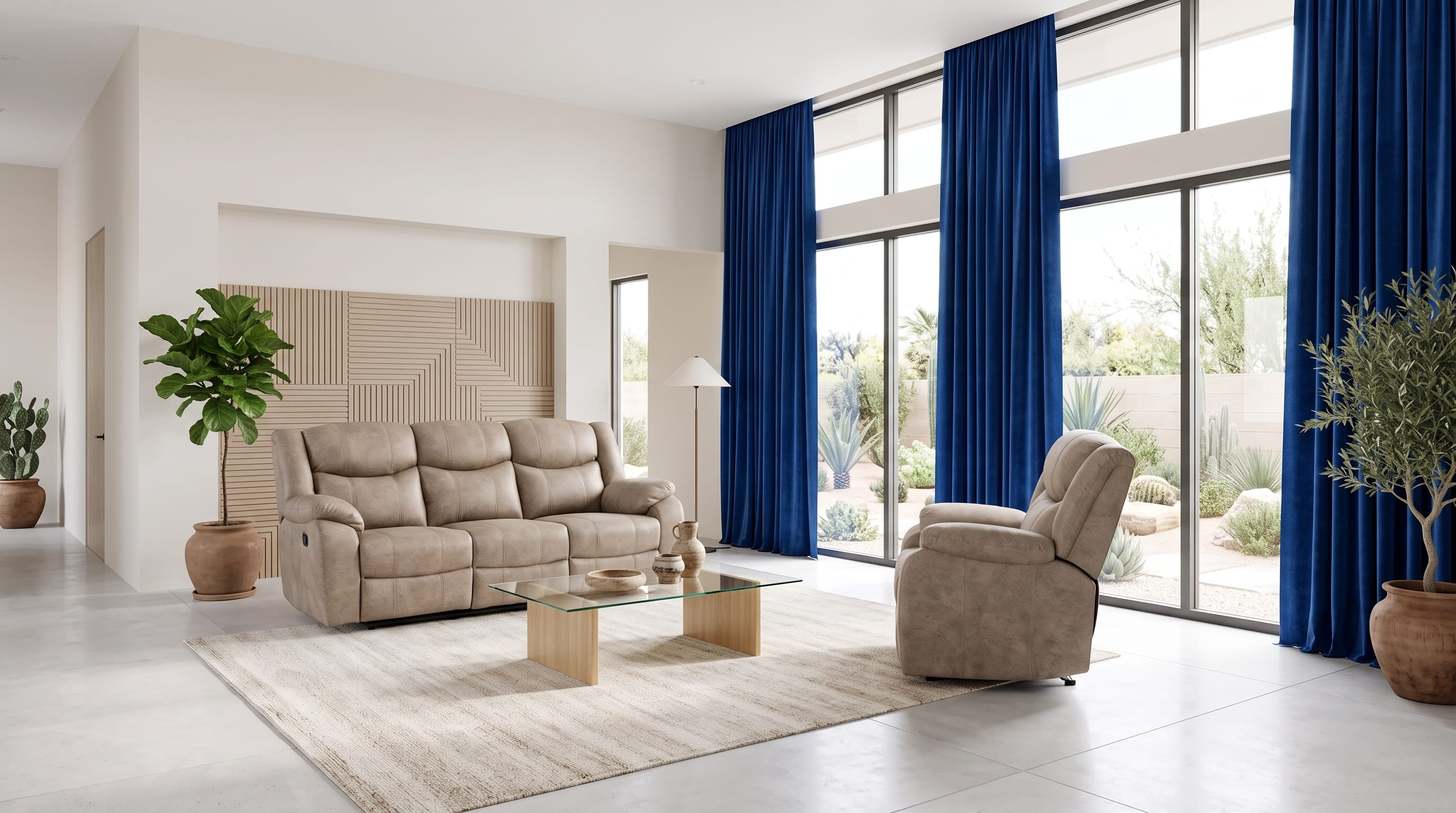 Mink Chesterfield sofa with blue accents