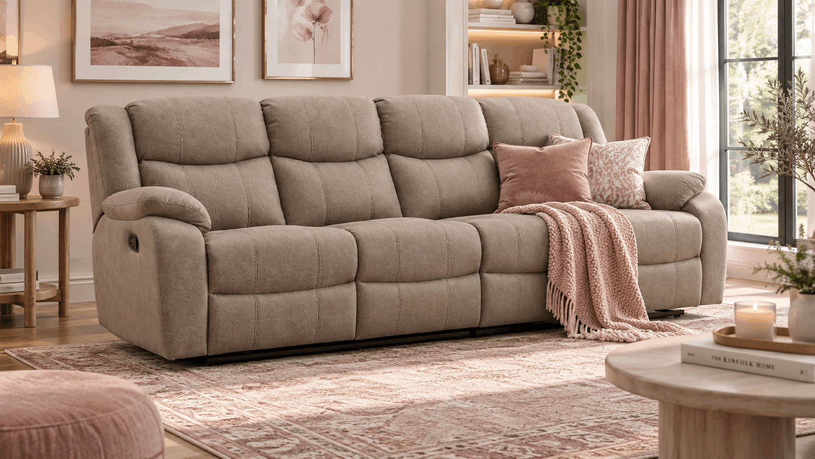 Mink recliner sofa with dusty pink accents