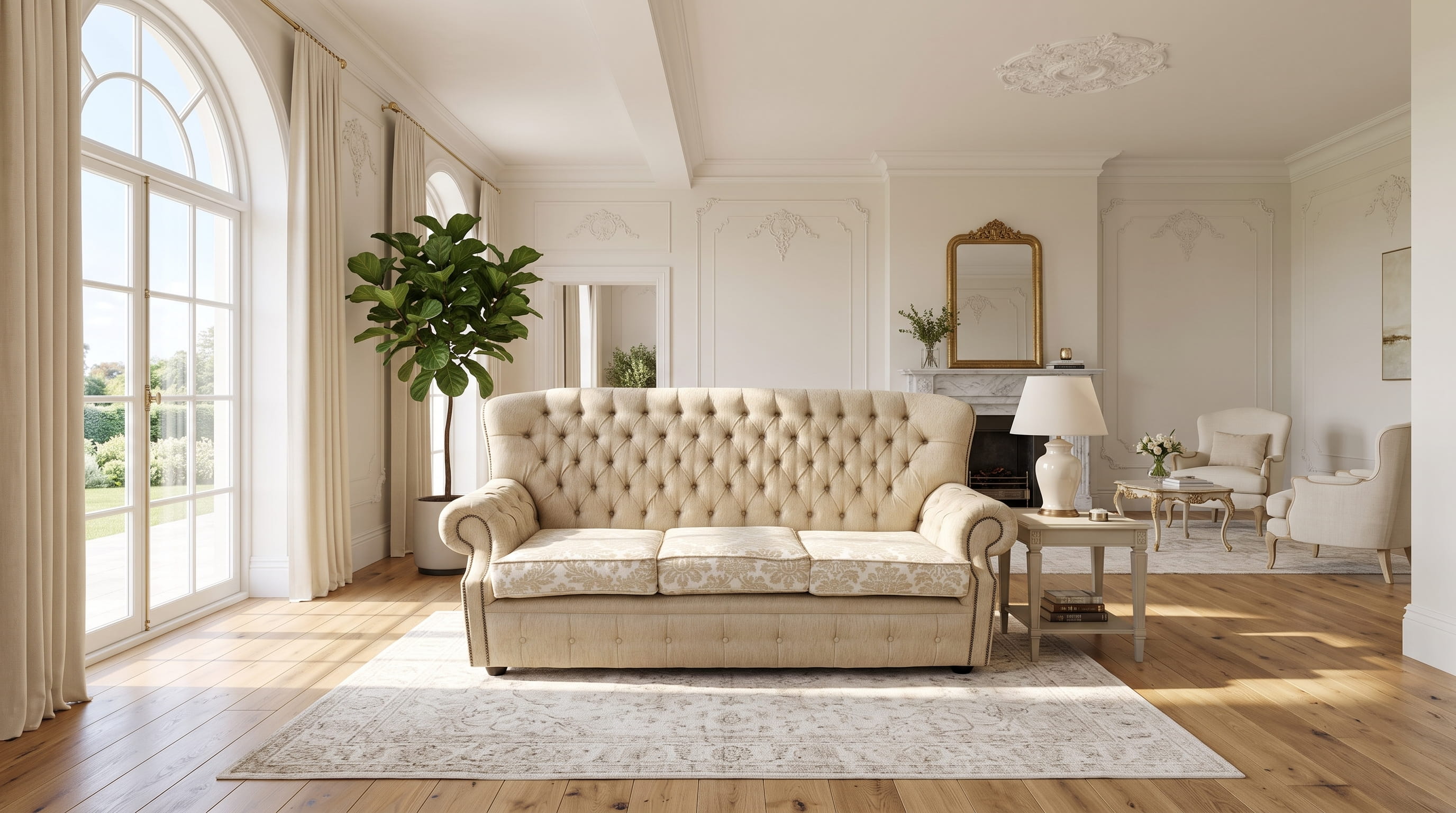 Mink tufted sofa in a bright classic living room