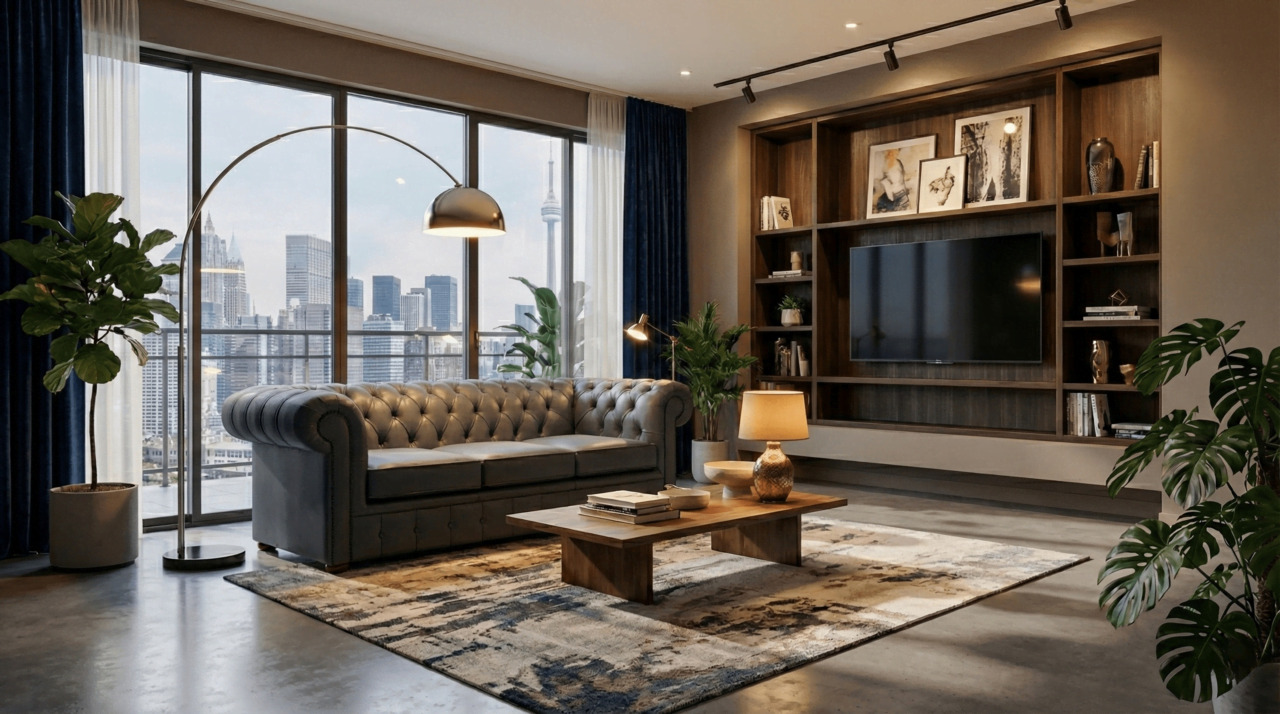 Modern Living Room with Grey Sofa and Ambient Lighting